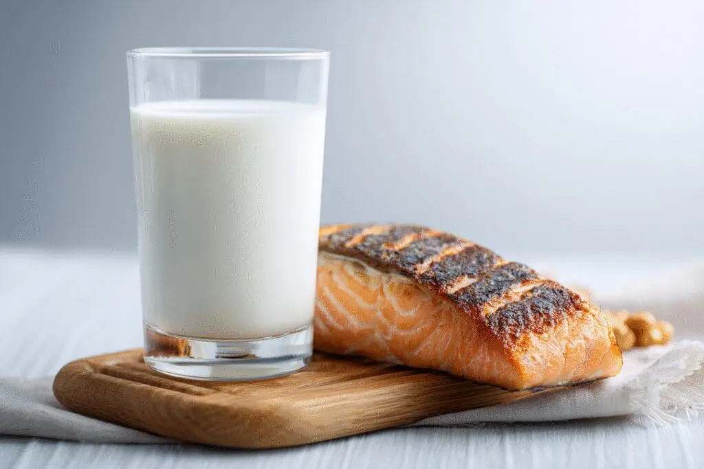 Čaša mlijeka i komad lososa kao primjer prehrane za kontrolu kalcija i vitamina D radi smanjenja PTH hormona