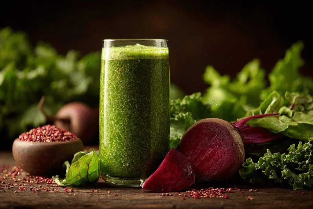 Čaša zelenog smoothieja okružena svježim povrćem što simbolizira prirodne načine za smanjenje ALT enzima