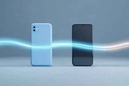Dva pametna telefona između kojih bežično teče svjetlosni tok podataka simbolizirajući jednostavan prijenos