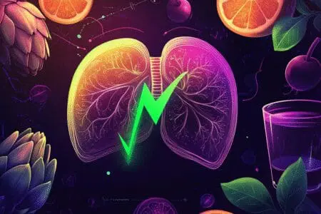 Ilustracija zdrave jetre okružene namirnicama poput artičoke i cikle sa zelenom strelicom prema dolje koja simbolizira snižavanje GGT-a prirodnim putem