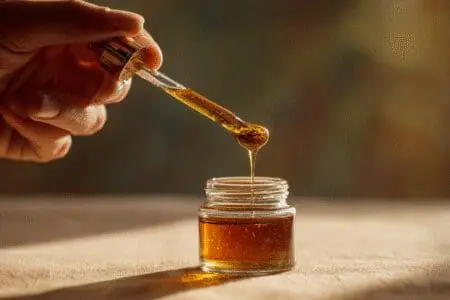 Krupni plan ruke koja kapa propolis na žličicu meda prikazujući pravilno doziranje i primjenu propolis kapi