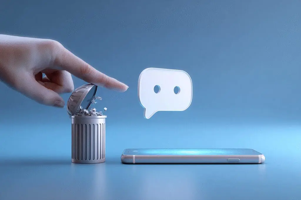 Ruka vadi izbrisanu poruku iz digitalne kante za smeće i vraća je u chat prikazujući opcije za povratak poruka