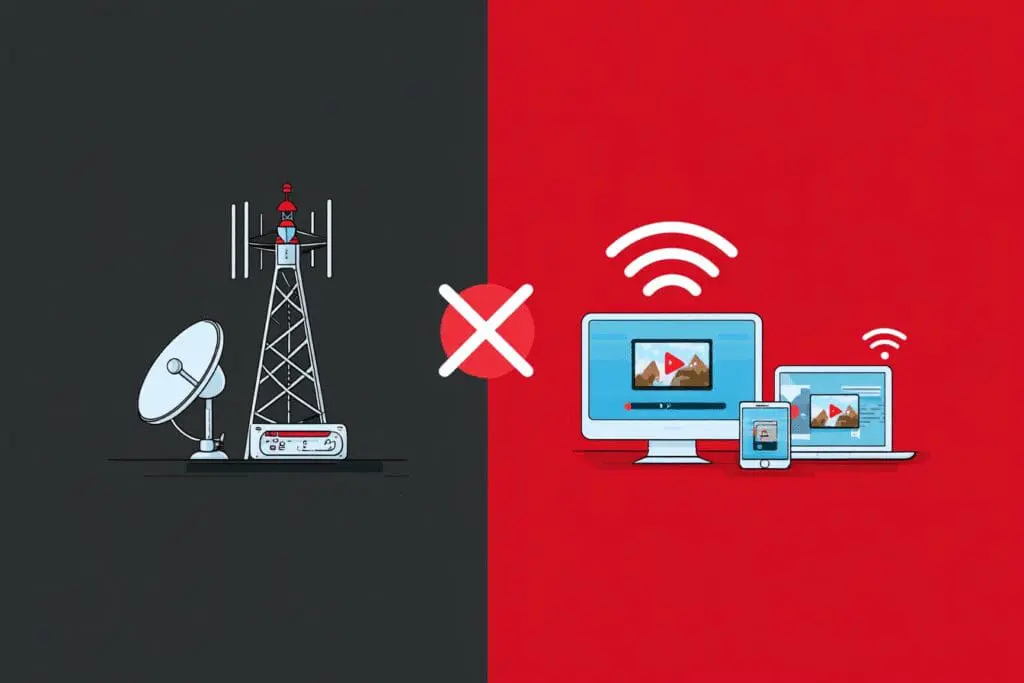 Grafički prikaz prelaska s antene na internet kao vizualni odgovor na često postavljena pitanja za kako gledati TV bez antene Grafički prikaz prelaska s antene na internet kao vizualni odgovor na često postavljena pitanja za kako gledati TV bez antene