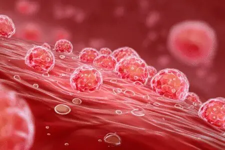 Medicinska ilustracija grozda malih mjehurića na crvenoj koži što je karakterističan simptom herpesa