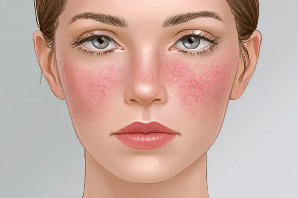 Medicinska ilustracija karakterističnog leptirastog osipa na licu kao ključnog simptoma za prepoznavanje lupusa