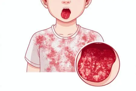 Medicinska ilustracija koja prikazuje dva ključna simptoma šarlaha sitan crveni osip na koži i u uvećanom prikazu natečen i crven jezik s izraženim kvržicama