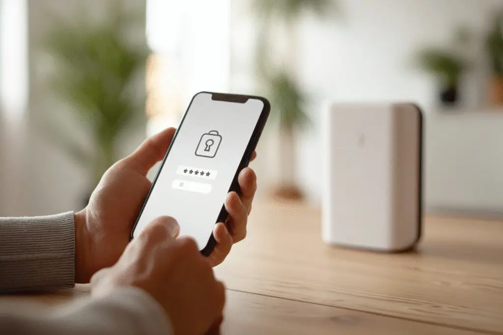 Mobitel s prikazom postavki za lozinku ispred rutera kao vodič za kako promijeniti WIFI lozinku preko mobitela