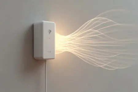 Pojačivač signala u utičnici iz kojeg se šire valovi kao prikaz za kako spojiti pojačivač WIFI signala