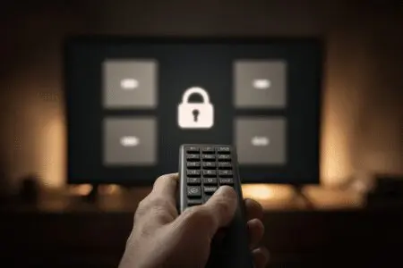 Ruka s daljinskim upravljačem i otključani lokot na TV ekranu kao ilustracija za kako isključiti roditeljsku zaštitu na MaxTV-u