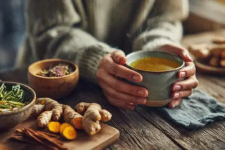 Žena s protuupalnom hranom i čajem kao primjer savjeta kako liječiti ciste u dojkama prirodnom terapijom