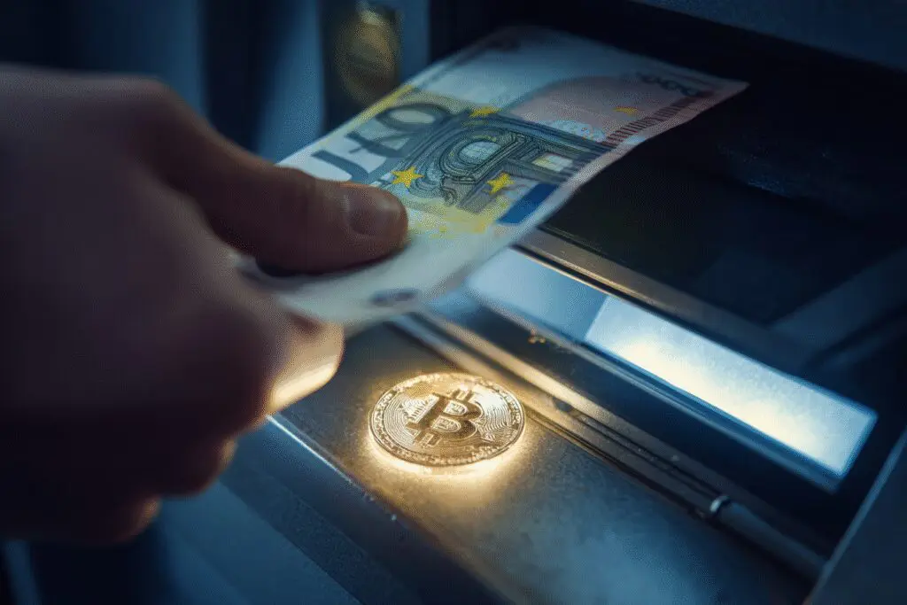 Bankomat koji prima eure i izdaje fizički Bitcoin metafora za kako kupiti Bitcoin