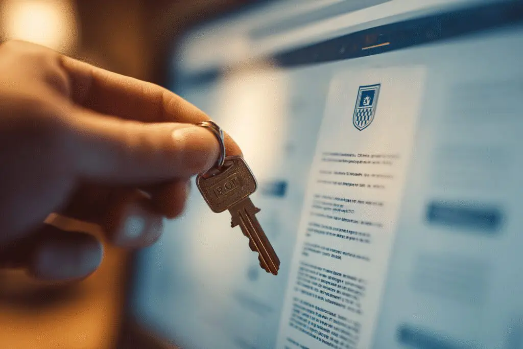 Ključ s hrvatskim grbom otključava digitalni trezor kao vodič za kako provjeriti braniteljske dionice