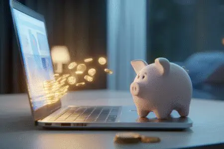 Novčići se s ekrana laptopa vraćaju u kasicu prasicu ilustracija za kako provjeriti pravo na povrat poreza