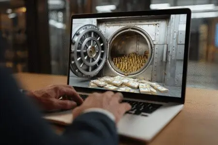 Osoba gleda u otvoreni trezor na laptopu ilustracija za kako provjeriti stanje računa online
