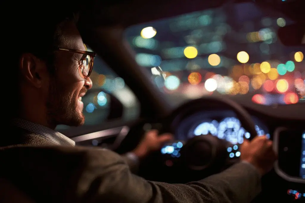 Osoba vozi automobil noću kroz grad kao ilustracija za kako postati Uber vozač