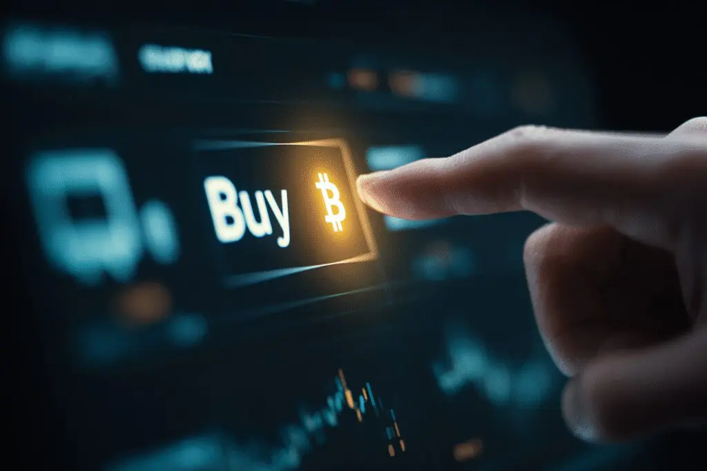 Pritiskom na gumb Kupi Bitcoin se pojavljuje u digitalnom novčaniku kao vodič za kako kupiti Bitcoin Pritiskom na gumb Kupi Bitcoin se pojavljuje u digitalnom novčaniku kao vodič za kako kupiti Bitcoin