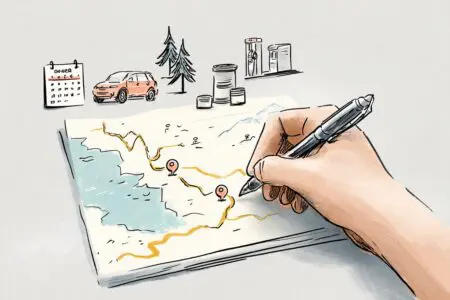 Ruka crta put na karti uz ikone automobila i kalendara kao primjer za kako ispuniti RPO obrazac