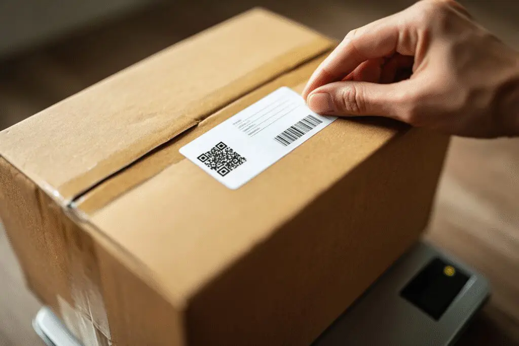 Ruka lijepi naljepnicu na paket koji se nalazi na vagi prikazuje kako poslati paket