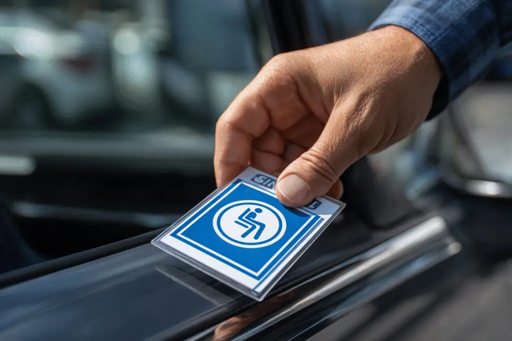 Ruka stavlja dozvolu s invalidskim znakom na ploču automobila kao vodič za kako dobiti parkirno mjesto za invalide