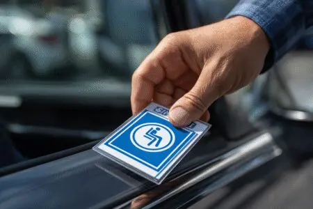 Ruka stavlja dozvolu s invalidskim znakom na ploču automobila kao vodič za kako dobiti parkirno mjesto za invalide