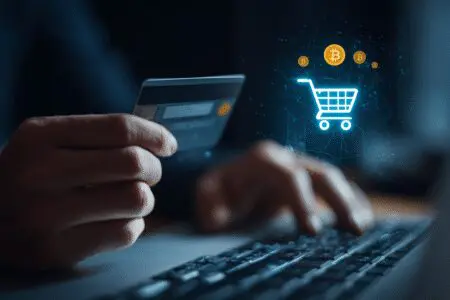 Ruka unosi kod s bona na računalo i puni košaricu prikazuje kako unovčiti Paysafecard