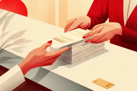 Ruke predaju dokumente i primaju ključ u banci kao vodič za kako dobiti kredit u Addiko Banci