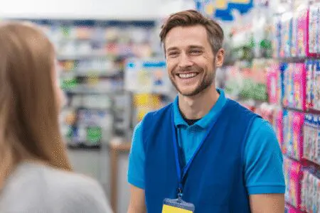 Zaposlenik pomaže kupcu u drogeriji kao prikaz za kako dobiti posao u DM-u