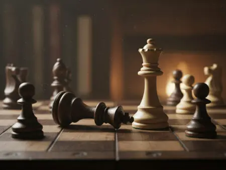 dramatičan prizor šah-mata na šahovskoj ploči koji prikazuje konačni cilj i strategiju igre šaha