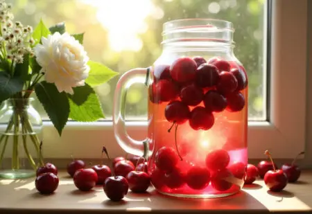 fotografija koja prikazuje kako napraviti liker od višanja u staklenci sa šećerom i alkoholom