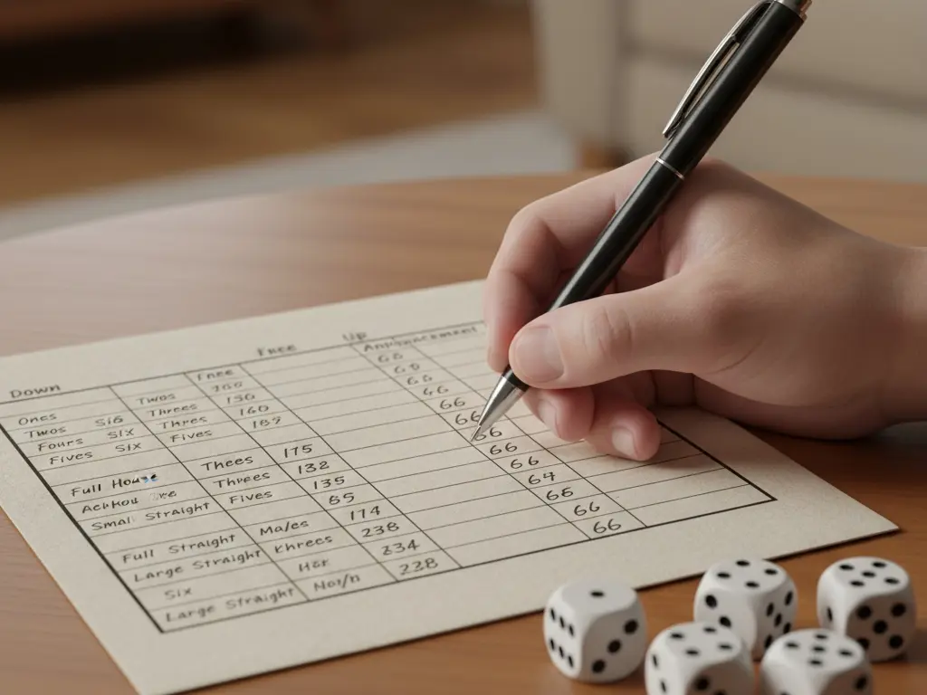 fotografija listića za jamb s upisanim bodovima i pet kockica koje pokazuju bačen jamb od šestica fotografija listića za jamb s upisanim bodovima i pet kockica koje pokazuju bačen jamb od šestica