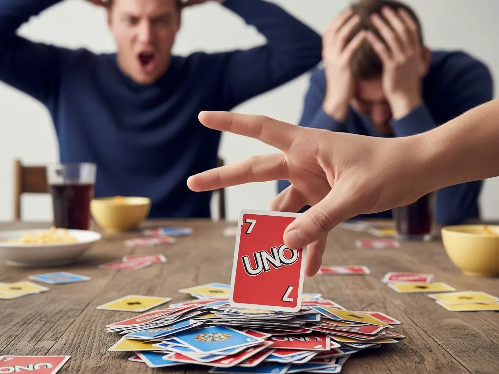fotografija pobjedničkog trenutka u igri uno gdje igrač polaže svoju posljednju kartu na stol i pobjeđuje