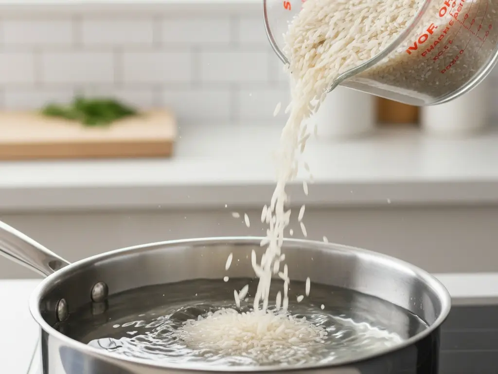 fotografija prikazuje korak pripreme riže gdje se suha zrna iz mjerice usipaju u lonac s vodom fotografija prikazuje korak pripreme riže gdje se suha zrna iz mjerice usipaju u lonac s vodom