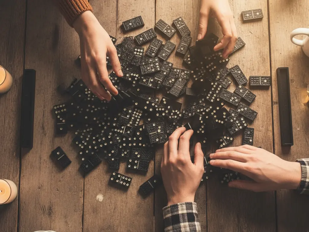 fotografija prikazuje pripremu za igru domino gdje ruke miješaju pločice okrenute licem prema dolje na stolu fotografija prikazuje pripremu za igru domino gdje ruke miješaju pločice okrenute licem prema dolje na stolu