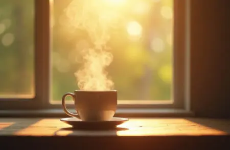 mirna fotorealistična slika šalice kave obasjane jutarnjim suncem na prozoru evocirajući kratku jutarnju molitvu