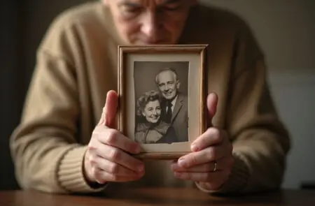 nježna fotorealistična slika odrasle osobe koja drži staru fotografiju svojih roditelja simbolizirajući molitvu za roditelje