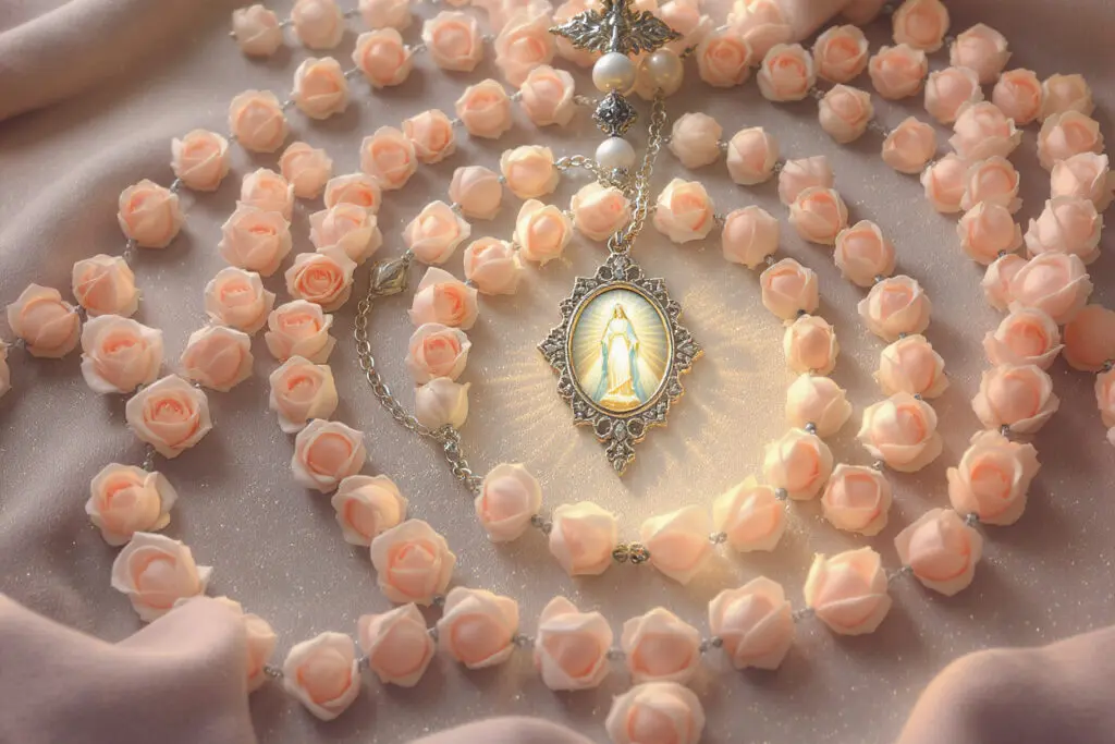 prikaz kako se moli gospina krunica s krunicom čije su perle oblikovane kao ruže