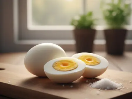 prikaz kuhanih i oguljenih jaja od kojih je jedno prerezano na pola kako bi se vidio tvrdo kuhani žumanjak