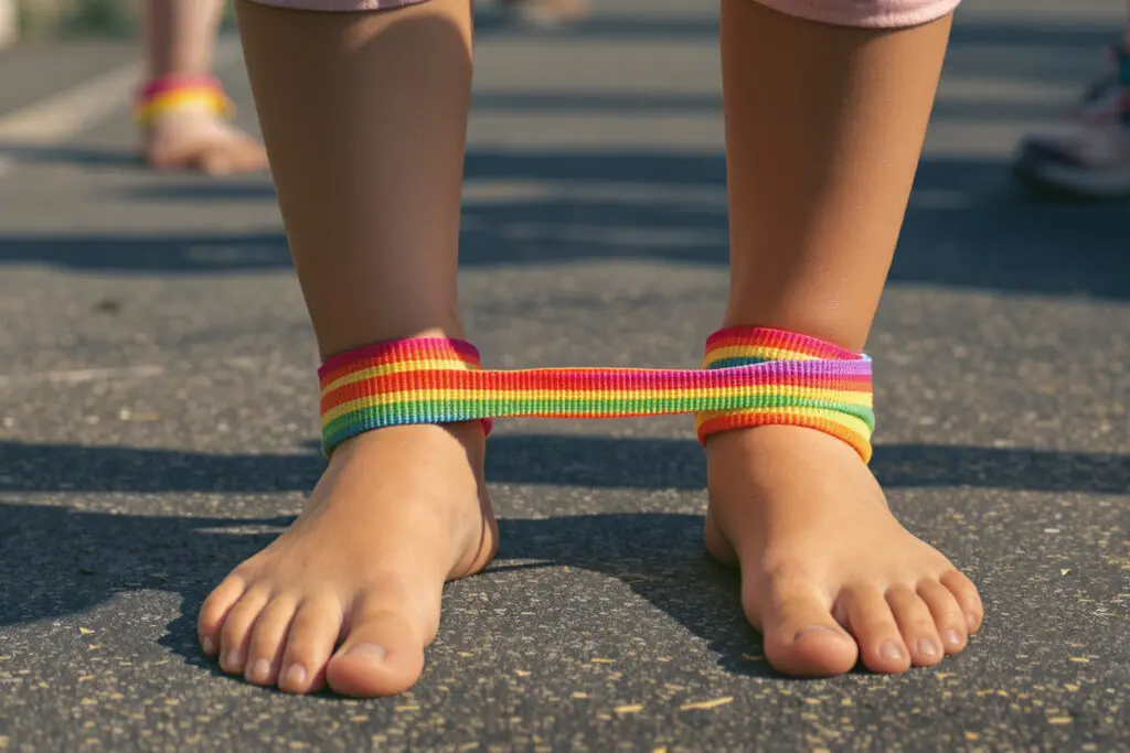 prikaz prvog nivoa igre gumi-gumi s elastičnom trakom zategnutom oko gležnjeva prikaz prvog nivoa igre gumi-gumi s elastičnom trakom zategnutom oko gležnjeva