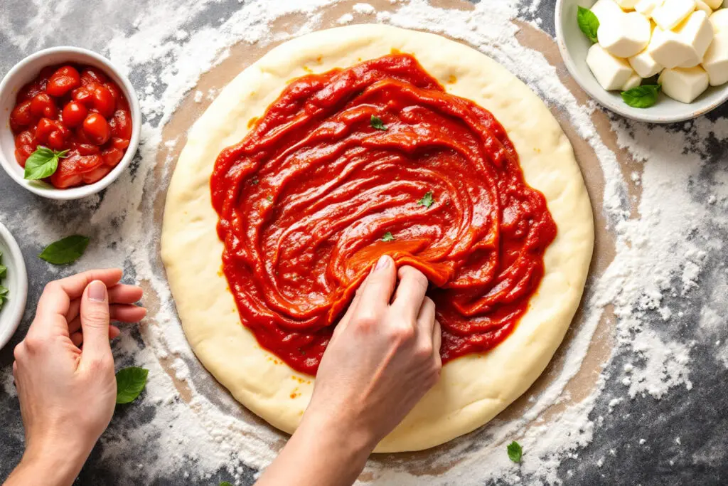 priprema pizze s nanošenjem umaka od rajčice što pokazuje kako napraviti tijesto za pizzu i pripremiti ga za nadjev