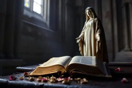 realistična slika skulpture djevice marije u katedrali s molitvenikom i laticama evocirajući litanije velikoj gospi