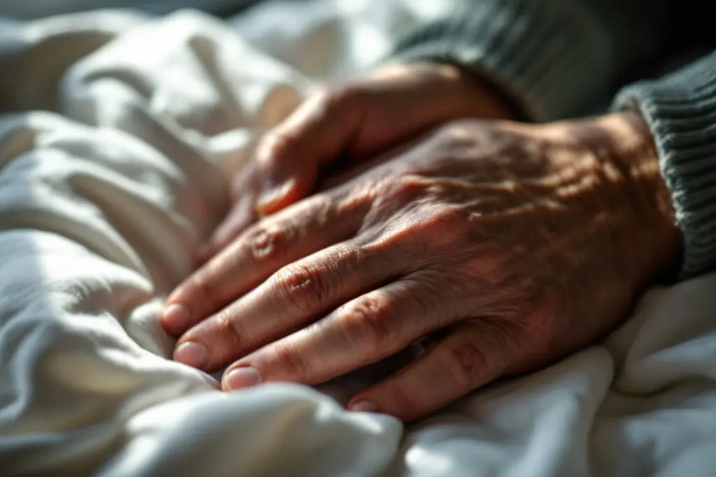 realistična slika starije ruke koja nježno drži mlađu ruku na poplunu simbolizirajući molitvu za ozdravljenje druge osobe