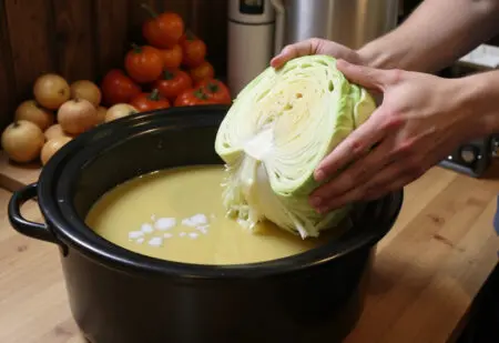 ruke koje tlače naribani kupus u loncu što je ključan korak u procesu kako se kiseli kupus