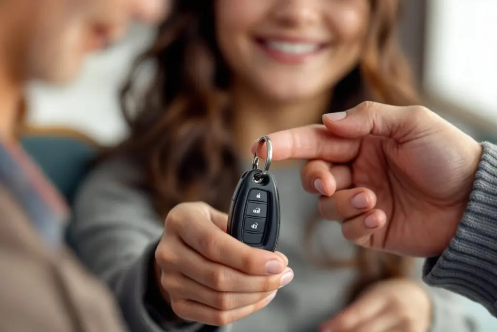 kći koja drži ključeve automobila koje joj je predao ponosni roditelj simbolizirajući darovni ugovor za automobil