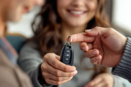 kći koja drži ključeve automobila koje joj je predao ponosni roditelj simbolizirajući darovni ugovor za automobil