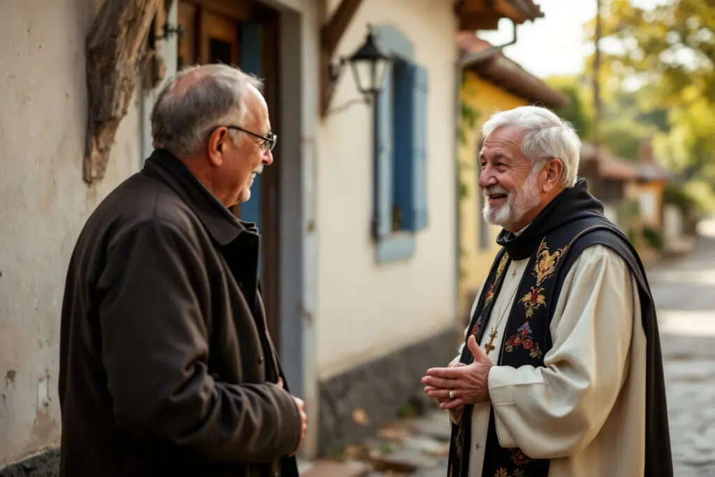 prijateljski susret i pozdrav s poštovanjem između župljana i svećenika na ulici prizor koji prikazuje kako pozdraviti svećenika prijateljski susret i pozdrav s poštovanjem između župljana i svećenika na ulici prizor koji prikazuje kako pozdraviti svećenika