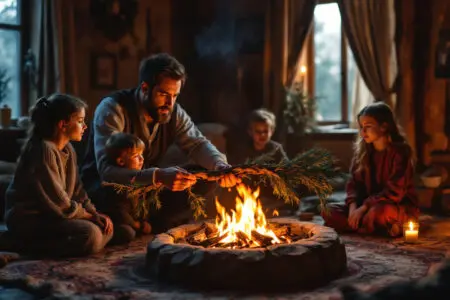 prikaz obiteljske tradicije paljenja badnjaka što simbolizira kako čestitati pravoslavni božić