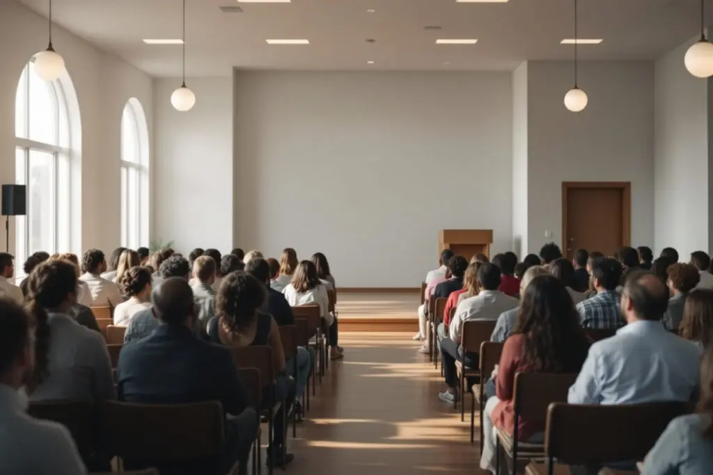 prikaz zajednice na sastanku u dvorani kraljevstva što ilustrira jedan od načina kako žive jehovini svjedoci