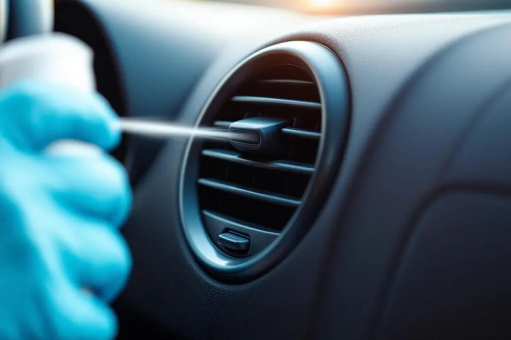 ruka u rukavici čisti ventilacijski otvor u automobilu sprejem prikazujući kako očistiti klimu od bakterija