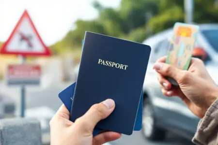 ruke drže putovnicu i zeleni dokument pokraj granice što je vizualni prikaz za zelena karta osiguranja