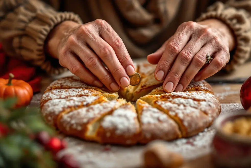 ruke koje lome tradicionalnu česnicu s novčićem običaj koji ilustrira kako čestitati pravoslavni božić